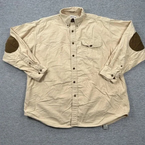 Orvis Shirt Mens Large Beige Long Sleeve Button Down Chamois Elbow Patches - Picture 1 of 7